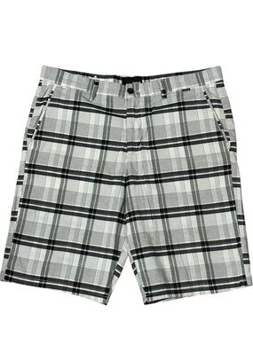 Hurley Men’s Flat Front Walk Shorts White Plaid Logo Pockets 36in